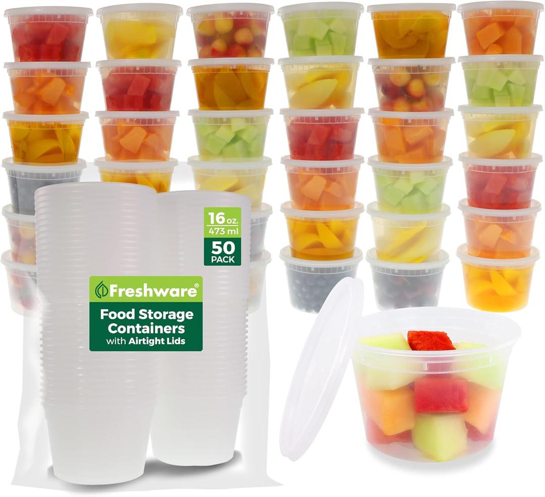 Freshware Food Storage Containers [50 Set] 16 oz Plastic Deli Containers with Lids, Slime, Soup, Meal Prep Containers | BPA Free | Stackable | Leakproof | Microwave/Dishwasher/Freezer Safe (One Size)