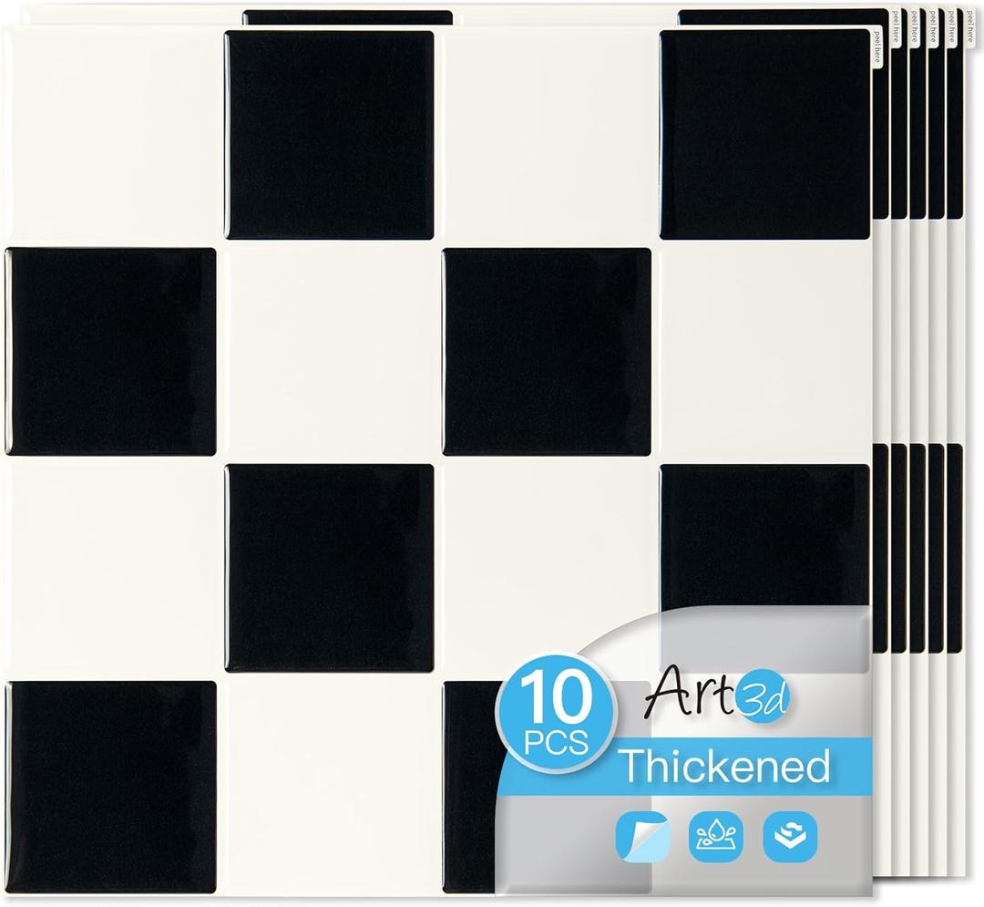 Art3d 10-Pack Heavy-Duty Peel and Stick Backsplash, 12x12 Inch Self-Adhesive Wall Tile Stick on Kitchen Countertop, Black & White