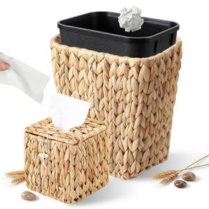 BSSN Wicker Waste Basket and Square Tissue Box Cover Set - Handwoven Water Hyacinth Trash Can with Removable Inner Bucket, Waterproof Boho Decor for Bathroom, Office (2.1 Gal, 5.9" Cube)
