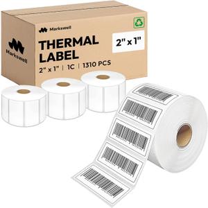 2x1 Direct Thermal Label, Barcode Address Mailing Name Shipping Labels, Perforated Thermal Stickers, Multipurpose, Commercial Grade for Thermal Printer, Strong Adhesive, 1310/Roll, 4 Rolls