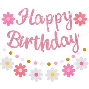 Pre-Strung Happy Birthday Banner, NO DIY Birthday Decorations with Circle Dot Garland and Flowers, Happy Birthday Party Decorations for Women Girls (Pink)