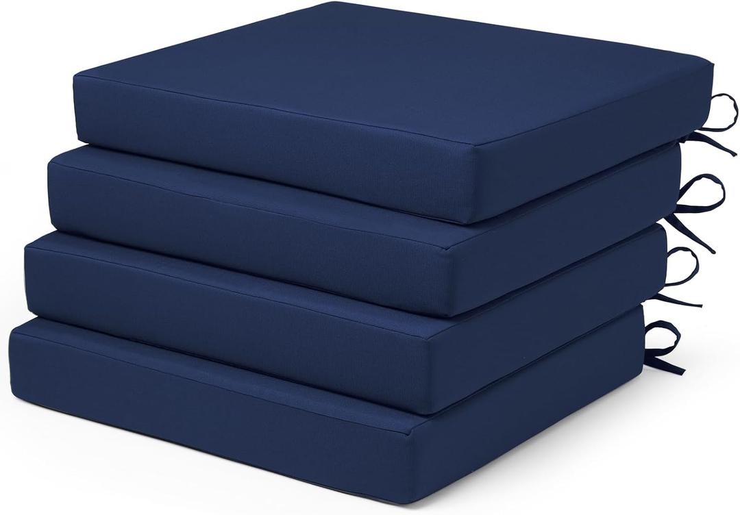 Outdoor Chair Cushions Set of 4 Fade Water Resistant, Patio Furniture Cushions with Non-Slip Ties,Square Cushions for Outdoor Furniture and Lawn Dining Chairs, 18.5 x 16 x 3, Navy