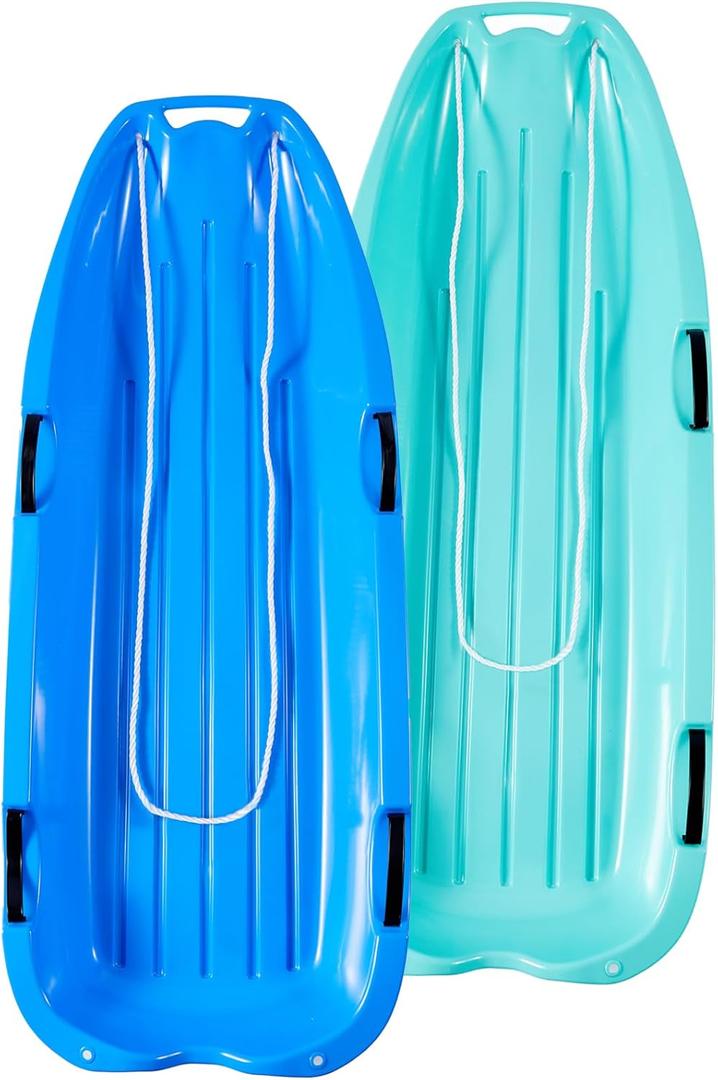 Toboggan Snow Sled for Adults, 48in Plastic Sleds with Pull Rope and 4 Handles, Outdoor Plastic Snow Sled for Kids and Adults