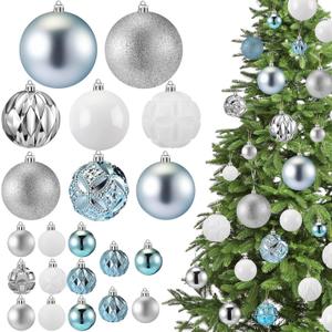 Soulchen 4 Size Christmas Balls Ornaments Set 46 Pcs 1.57, 2.36, 3.15, 4 Christmas Tree Decorations Shatterproof Hanging Plastic Xmas Ball for Holiday Xmas Tree(Light Blue, Silver White)