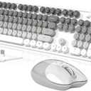 Creamy Wireless Keyboard and Mouse, MOFII 104 Round Keycaps Retro Typewriter with OTG & Brush, Full-Size Ergonomic, Ideal for Windows PC, Home, Office and College Gray White