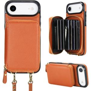 Bocasal Crossbody Wallet Case for iPhone 17 Air, RFID Blocking Leather Purse Case with Card Holder, Protective Handbag Flip Cover with Zipper Wrist Strap Lanyard for Women 5G 6.5 Inch (Brown)