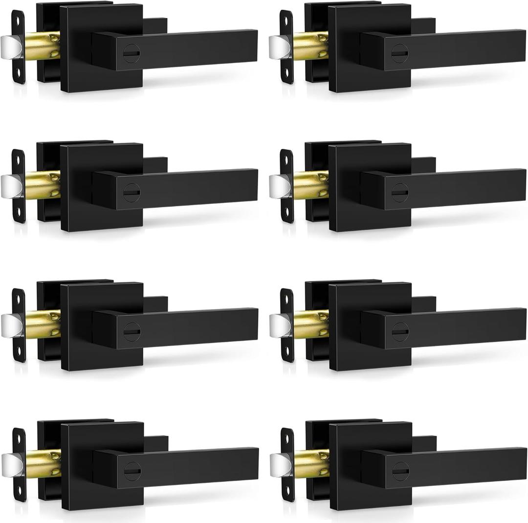 Plustool 8 Pack Matte Black Door Handles Interior, Keyless Interior Door Knobs, Privacy Door Locks for Bedroom Bathroom, Heavy Duty Square Door Lever Locksets, Reversible for Left&Right Handled Doors
