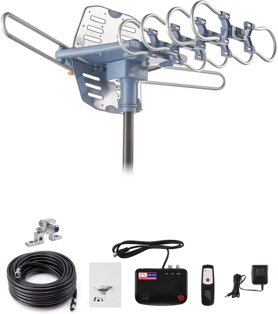 Outdoor TV Antenna,Digital Amplified HDTV Antenna & 60 ft RG6 Coax Cable,200 Miles Long Range Wireless Remote 360 Degree Rotation Support 4K 1080P 2 TVs
