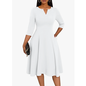 Nmoder Midi Dresses for Women A-Line Fit and Flare Dress 3/4 Sleeve V Neck Cocktail Wedding Guest Work Dress with Pockets XL