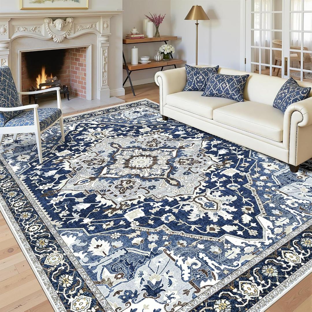 9x12 Blue Washable Area Rug - Large Boho Vintage Farmhouse Living Room Rug with Non-Slip Backing, Faux Wool Low Pile Indoor Carpet for Bedroom, Under Dining Table, Office - Navy Blue Multi