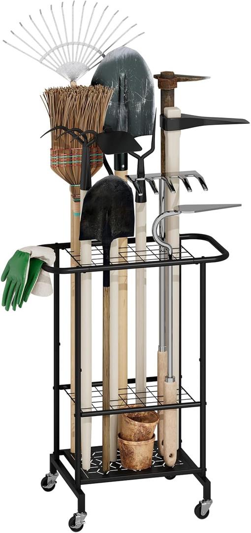 3-Tier Garden Tool Organizer with Wheels, Garage Floor Rolling Storage Cart on Wheels Heavy Duty Metal Rolling Storage Cart, Yard Tool Tower Rack for Garage, Patio, Shed, Indoor Outdoor, Black