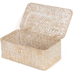 FEIALNDUO Wicker Shelf Baskets with Lid,Seagrass Storage Basket Bins Rectangular Handwoven Basket Boxes for Shelves Desktop Home Organizer (Whitewash, X-Small)