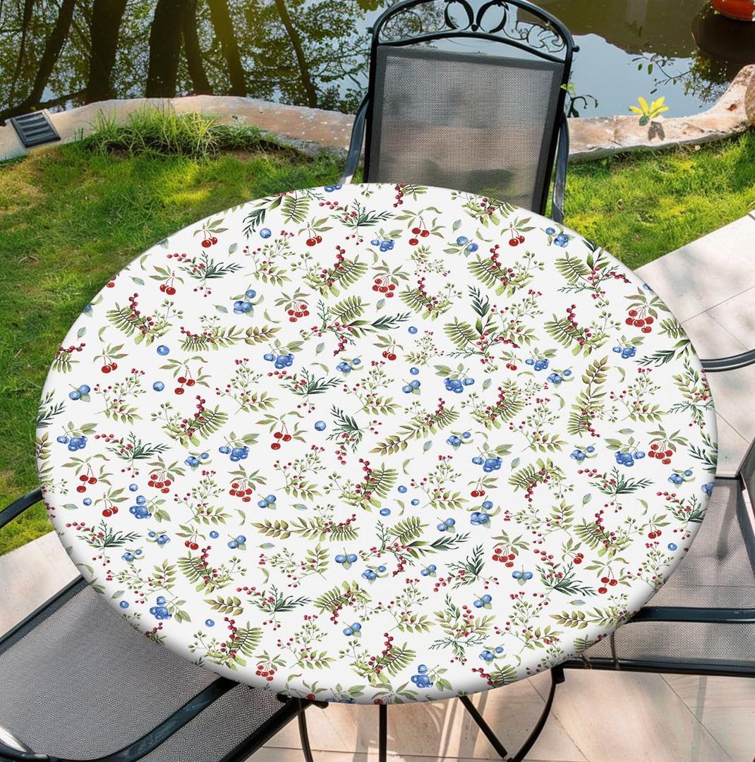 COTAIL Round Tablecloth with Elastic Edge, 36-60Inch Waterproof Table Cloth for Dinner, Outdoor, Picnic, 36inch, Cherry and Blueberry