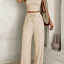 PRETTYGARDEN Women's Summer 2 Piece Matching Lounge Sets Short Sleeve Crop Tops Wide Leg Pants 2026 Airport Travel Outfits, M