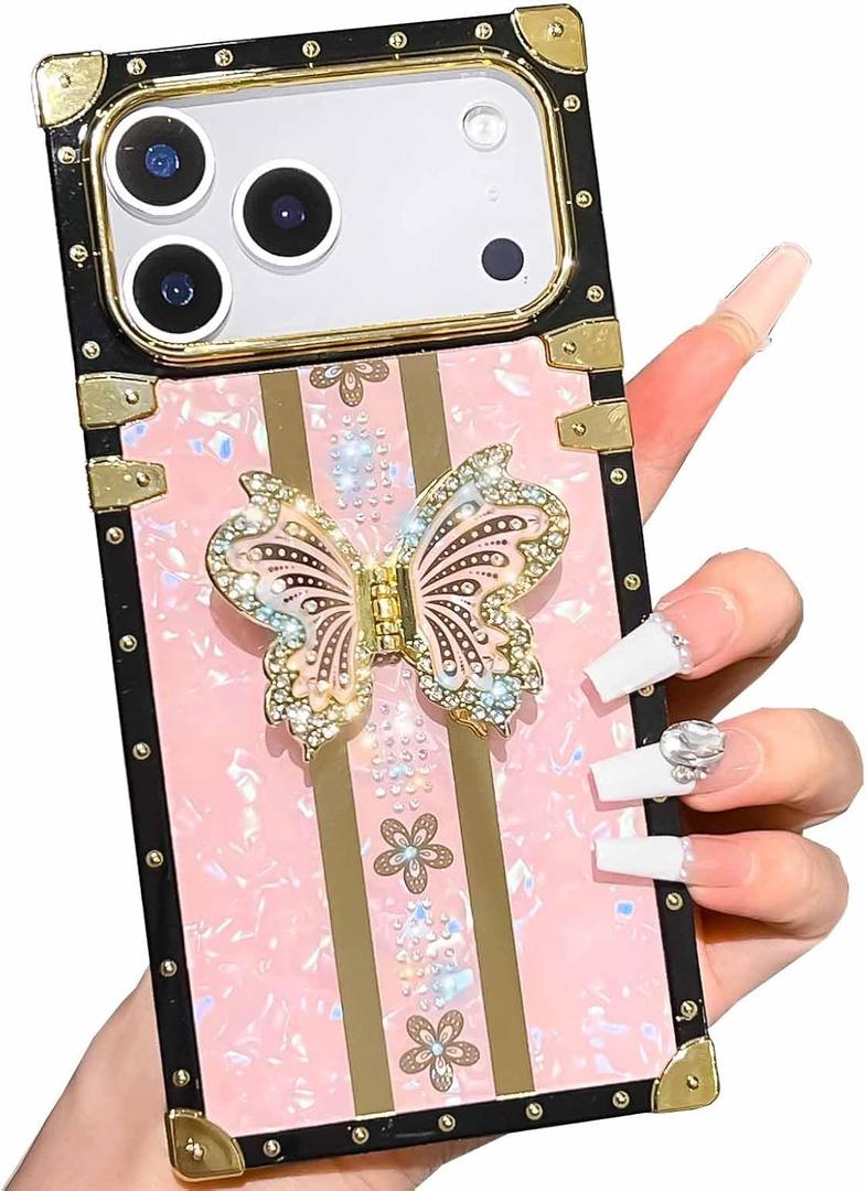 Cute Compatible with iPhone 17 Pro Max Glitter Case,Luxury Sparkly Butterfly Floral with Shinny Bling Foldable Stand Kickstand,Slim Bumper Protective Cover for Women Girls(Pink)