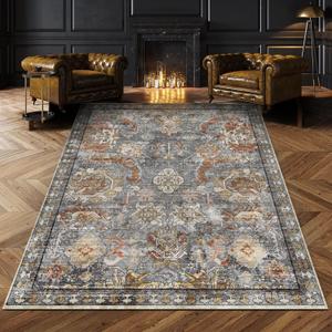 RUGSURE Washable Area Rugs - Perfect for Living Room, Bedroom, Kids Room, Nursery - Stain & Water Resistant Non-Slip, Pet & Child Friendly, Vintage Tribal Area Rugs (Turmeric and Grey, 8' x 10')