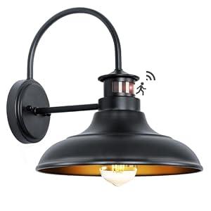 Motion Sensor Outdoor Barn Lights - Dusk to Dawn Farmhouse Gooseneck Barn Light, 12" Large Black Porch Light Fixture Wall Mount, Exterior Wall Lighting Fixture for Garage Patio Doorway, 1 Pack