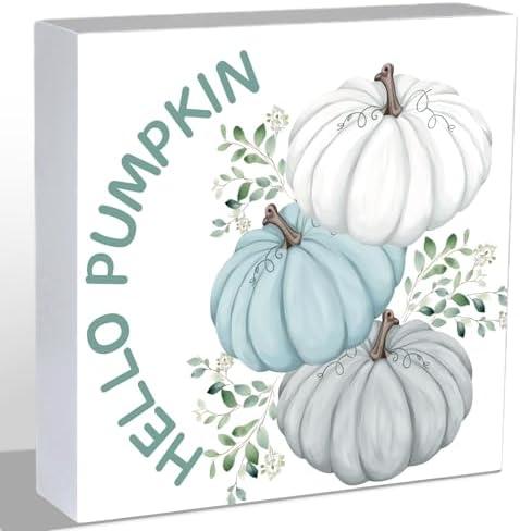 Fall Decorations for Home Fall Decor Home Room Hello Pumpkin Table Wood Box Sign Rustic Wooden Shelf Desk Office Decor Season Sign House Warming Gifts 5.9 x 5.9 Inch, Set of 4