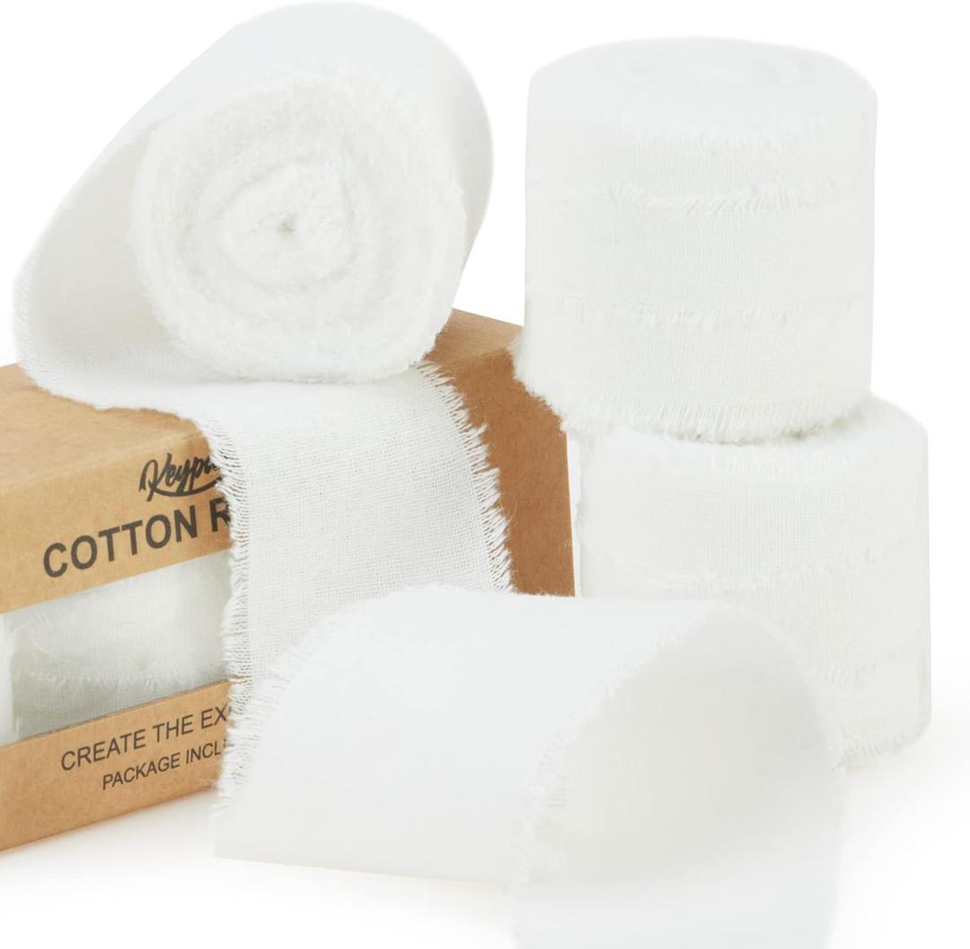 White Ribbon 1-1/2 x 15 Yards Handmade Cotton Frayed Fringe Fabric Ribbons for Crafts Flower Bouquets Wedding Baby Shower Home DIY Decor