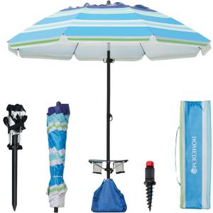 HOMEDEMO 8FT Large Beach Umbrella with Weight Bag & Sand Anchor, Outdoor Umbrellas with Adjustable Aluminum Pole and Table, Heavy Duty Windproof & UPF 50+