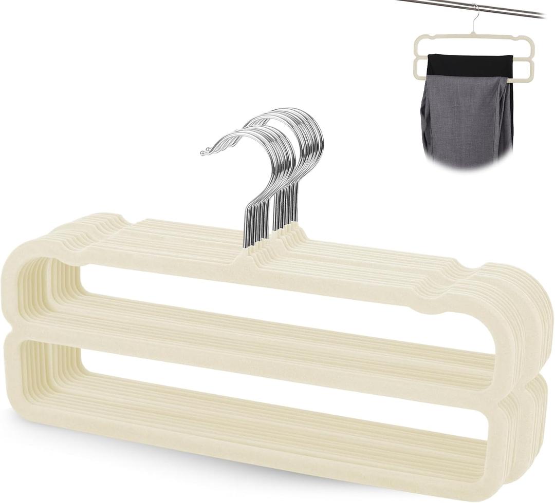 VSV stoage Velvet Pants Hangers with Double Non Slip Bar - Multiple Velvet Hangers for Closet - Thin Space Saving Clothes Hanger - 360 Swivel Felt Trouser Hanger Perchas Terciopelo 10 Pack (Beige)