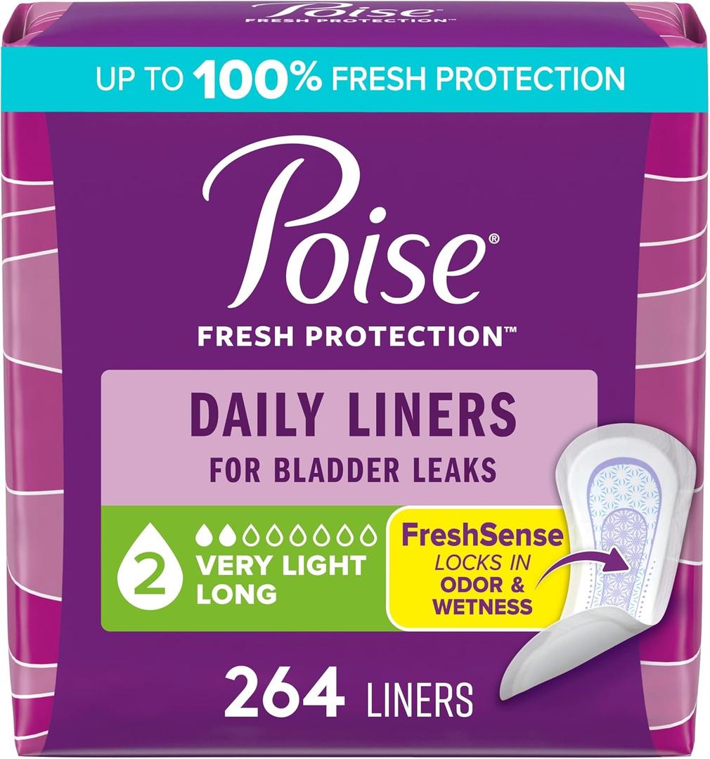 Poise Daily Liners, Incontinence Panty Liners for Bladder Leaks, 2 Drop Very Light Absorbency, Long Length, 264 Count of Pantiliners (6 Packs of 44)
