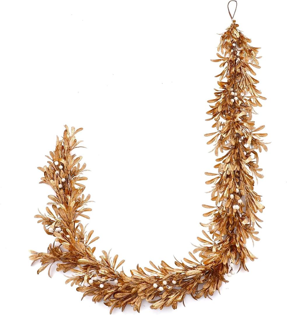 Dingion 6 Ft Christmas Gold Leaf Garland Artificial Boxwood Leaf Garland with Pearl White Berry for Christmas Fireplace Front Door Stairs Decoration Winter Engagement Birthday Wedding Party Supplies