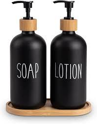 Little World Soap Dispenser for Kitchen, Stainless Steel Pump and Wood Tray, Bathroom Decor Dispenser for Foaming Hand Soap, Dish Soap and Lotion, Black & Black