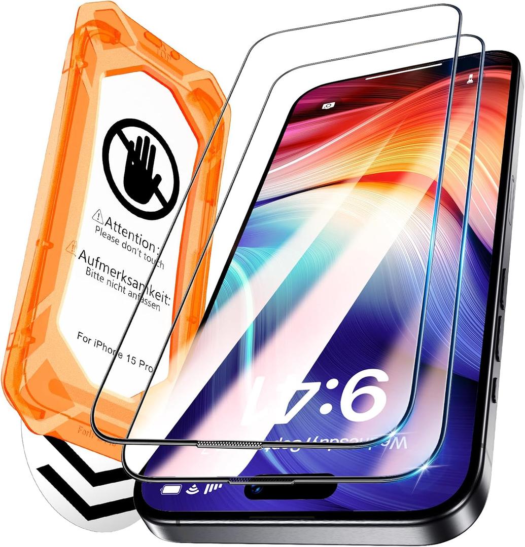 BAZO for iPhone 15 Pro Screen Protector - [Military Grade Shatterproof & 9H+ Hardness] Unbreakable Screen Protector 15 Pro Tempered Glass 9D Full Coverage Protection, [Auto-Dust Removal]Easy Installation, 2 Packs