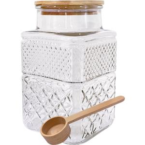 Viovian Large Glass Jar with Wood Lid and Spoon 60 OZ Square Thick Glass Storage Jars Airtight Lids Clear Decorative Vintage Canister for Food Candy Cookie Sugar Coffee Nuts Snack Dog Treat