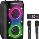 GKD61 Karaoke Machine for Adults with 2 Wireless UHF Microphones, 400W Peak Power Karaoke System with Dual 6.5'' Subwoofers, Portable Party Bluetooth Speaker with RC, Bass & Treble Control for Outdoor (Black)