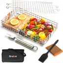 Adjustable Grill Basket with Removable Handle  4 Height Levels for Vegetables, Meat, Fish & More  BBQ Grilling Basket with Locking Lid, Basting Brush, Scrub Sponge & Storage Bag for Outdoor Cooking