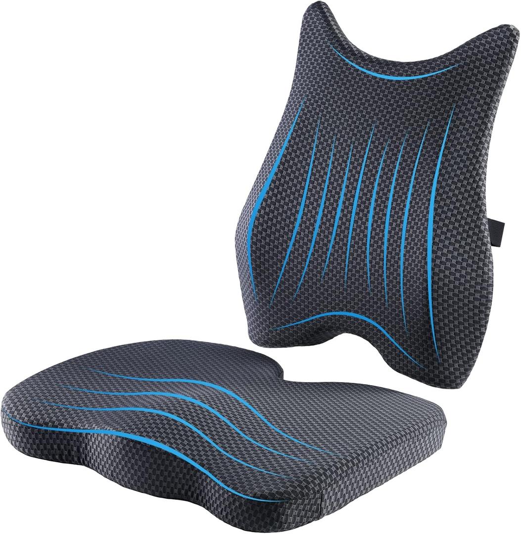 Seat Cushion & Lumbar Support Pillow: Memory Foam Chair Pad Back Cushion for Office Chair Car Seat Wheelchair Travel, Reduce Tailbone Pressure and Improve Comfort, Orthopedic Sciatica Hip Pain Relief, Black