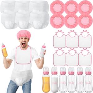 6 Sets Bottle Chug Baby Shower Games Juegos Para Plastic Baby Bottles Bibs Hat Disposable Diapers Gender Reveal Games Baby Changing Diaper Race Game Decoration (Pink)
