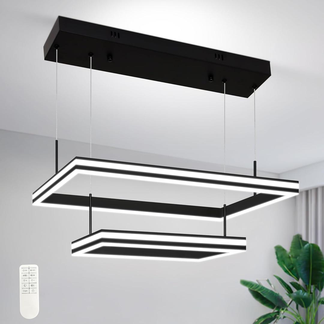 2 Ring Black Modern Led Chandelier Dimmable Rectangular Modern Chandelier Led Pendant Light Adjustable Ring Light Contemporary Light Fixtures for Living Room Dining Room Kitchen