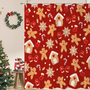 Christmas Gingerbread Shower Curtain, Red Xmas Cartoon Cute Gingerbread Man House Snowflake Winter New Year Holiday Bathroom Curtain Waterproof Fabric Machine Washable with Hooks, 72" Wx72 L