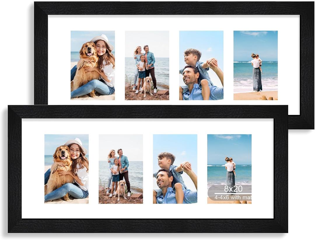 Hongkee 8x20 Picture Frame Set of 2, Rustic Black Wood Frame with Tempered Glass Collage Frame, Display Pictures Four 4x6 With Mat or 8 x 20 Without Mat - Horizontal or Vertical Wall Mounting, 8x20 in matted to 4-4x6