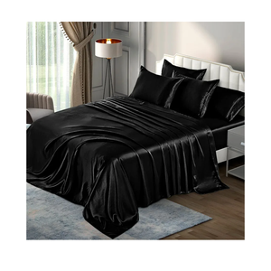 P Pothuiny 6 Pieces Queen Satin Sheets Luxury Silky Black Satin Bedding Sheet Set, 1 Deep Pocket Fitted Sheet + 1 Flat Sheet + 4 Pillow Cases