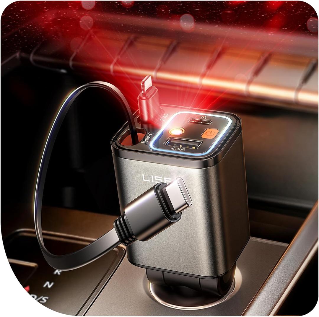 LISEN 4 in 1 Starlight Retractable Car Charger, 75W USB C Cigarette Adapter Fast Charging, Starlight Retractable Car Accessories for Women Mom, for iPhone 17 Pro Max Air 16 15 14 13 12