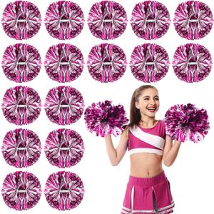 Yunsailing 50 Pack Cheerleading Pom Poms with Handle Bulk Metallic Foil Plastic Pom Poms for Dance, Matches, Squad Spirit Sports, Stage Performance, Carnival Celebration, Rose Red/Silver 