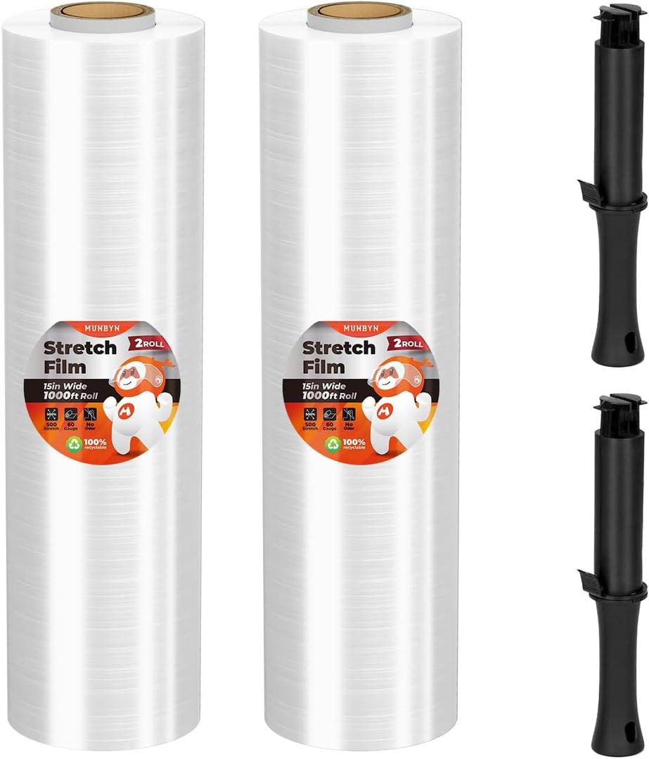 MUNBYN Shrink Wrap, Stretch Wrap with Handles, Stretch Film Roll Industrial Strength, Plastic Wrap for Pallet Wrapping Shipping Moving, 15 Inch x 1000 Ft, 2 Pack, 60 Gauge