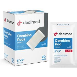 Dealmed Abdominal Combine Pads 5"x9" (20-Pack) Sterile Individually Wrapped, ABD Pads, Absorbent, Non Adherent for Wound Care, Drainage, First Aid, 20/Box (1 Pack) (5 x 9)