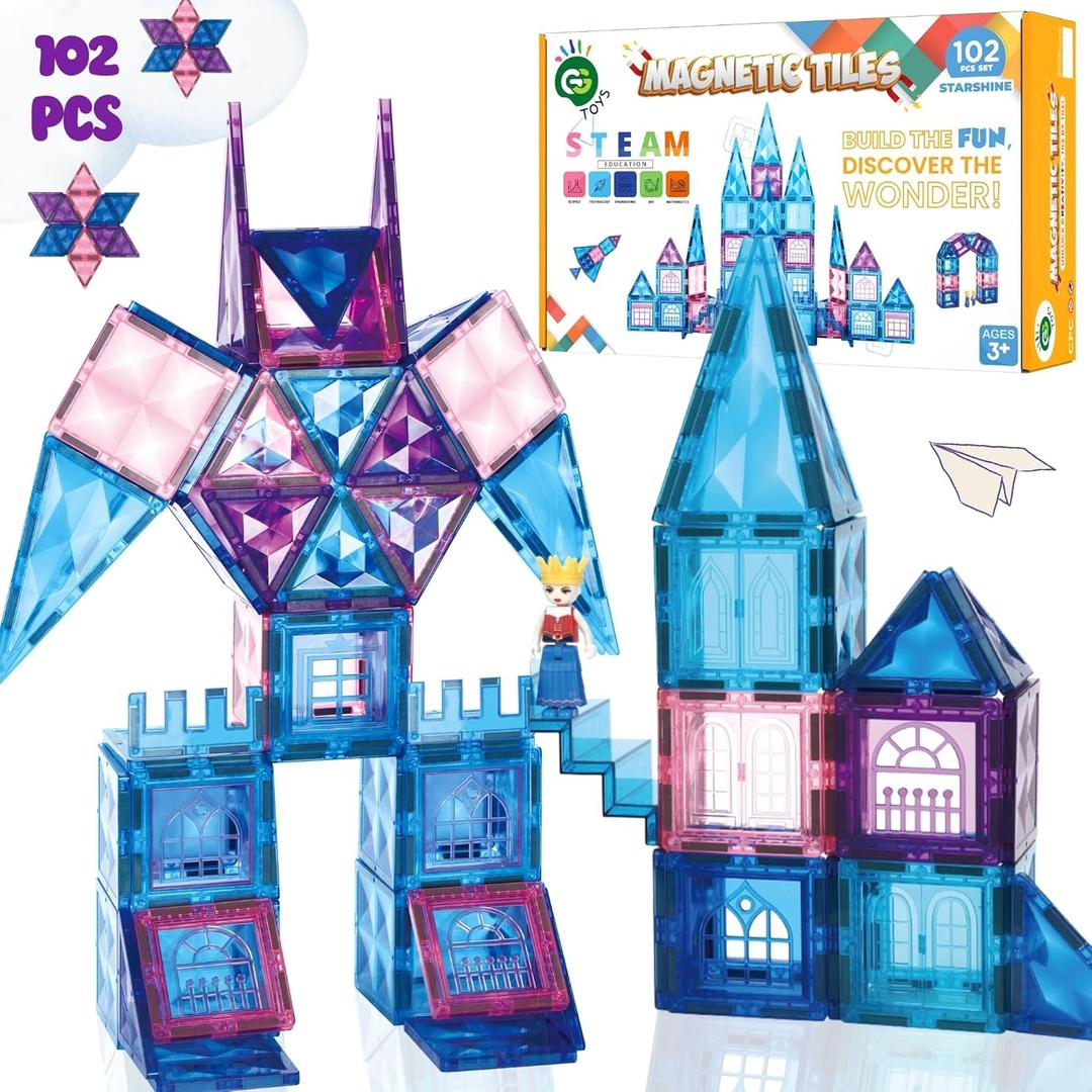 102-Piece Magnetic Tiles Construction Set Purple Pink Castle STEM Building Blocks  Montessori Educational Toy & Birthday Gift for Toddlers, Boys & Girls Ages 3-9