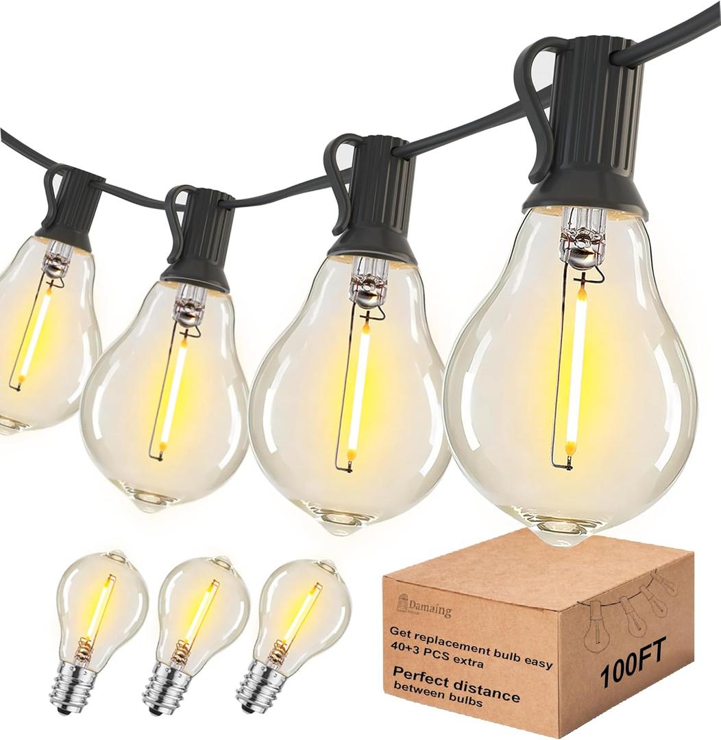 DAMAING Outdoor String Lights 100FT Patio String Lights Waterproof with 43 Shatterproof Dimmable A39 LED Edison Bulbs Connectable Outdoor Lighting for Backyard Bistro and Balcony 2700K (Black)