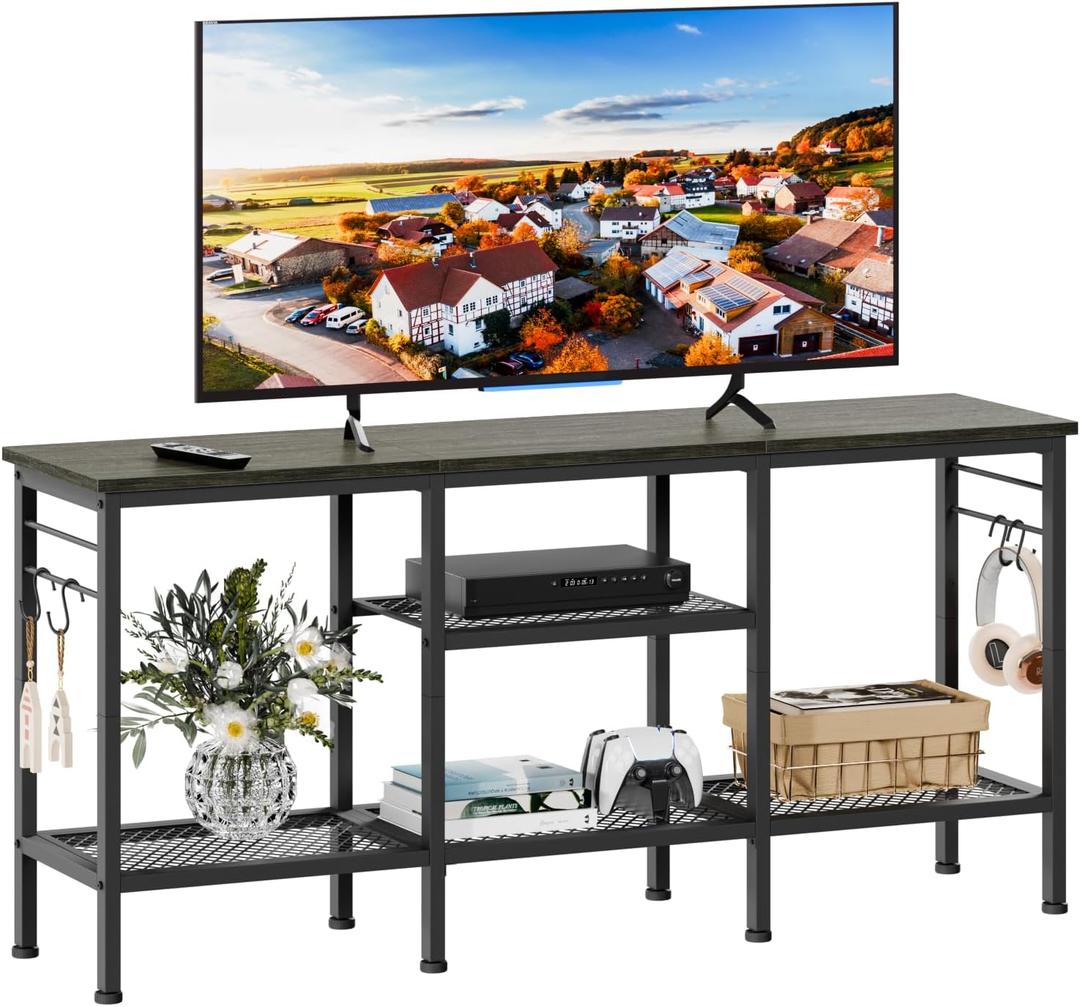 Furologee TV Stand for TVs up to 55 Inch, Entertainment Center with Open Storage Shelves, Media Console Table with Soundbar Shelf for Living Room, Bedroom, Black Oak