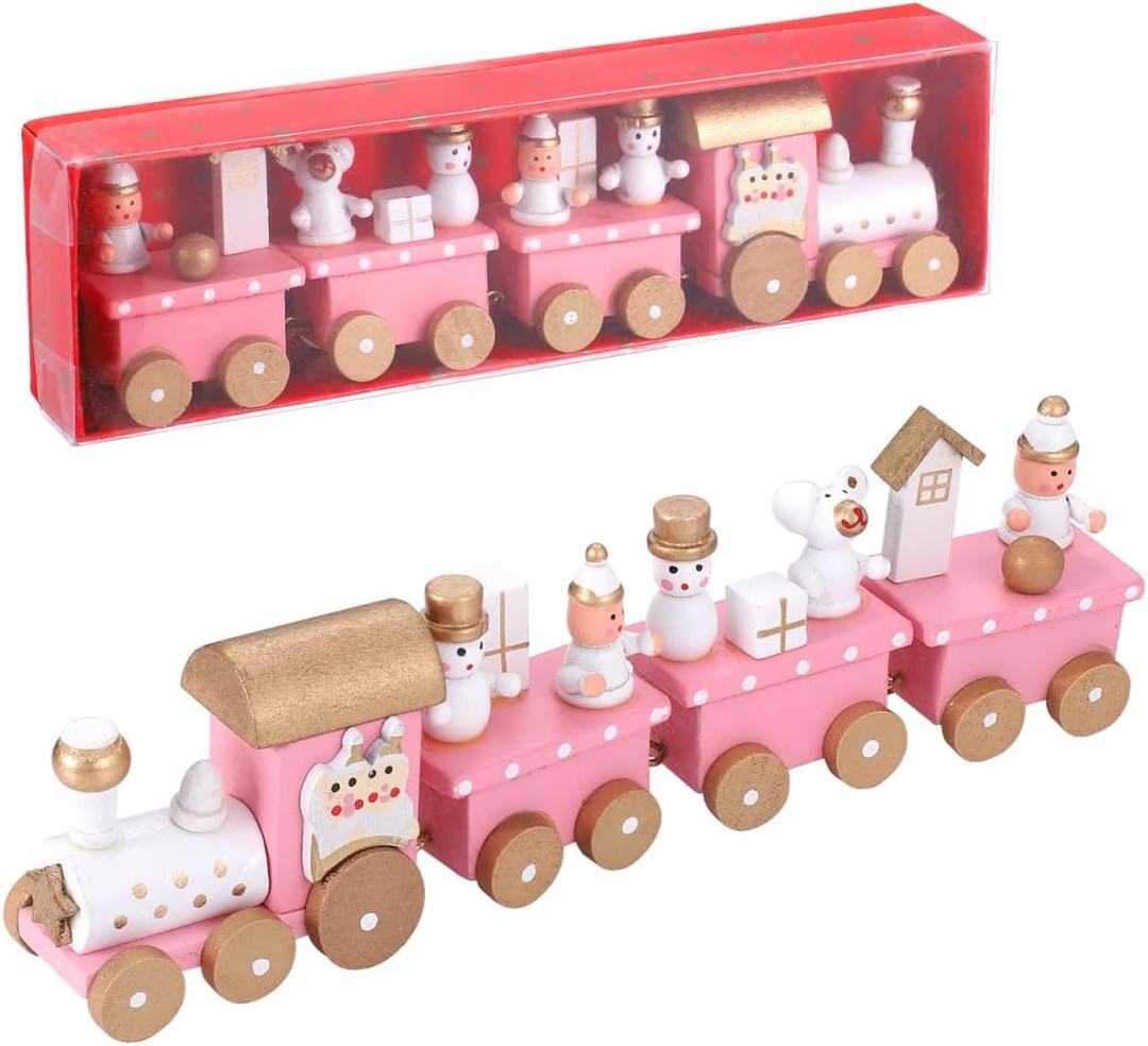 Pastel Pink Christmas Train Set, 4-Section Wooden Mini Train Set Winter Wonderland Village Decor Under Tree for Girly Christmas Party & Home Dcor