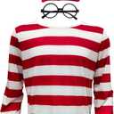 Waldo Red and White Striped Shirt Adult Men Women's Halloween Cosplay Costumes Funny Sweatshirt Outfit Glasses Suits (Large)