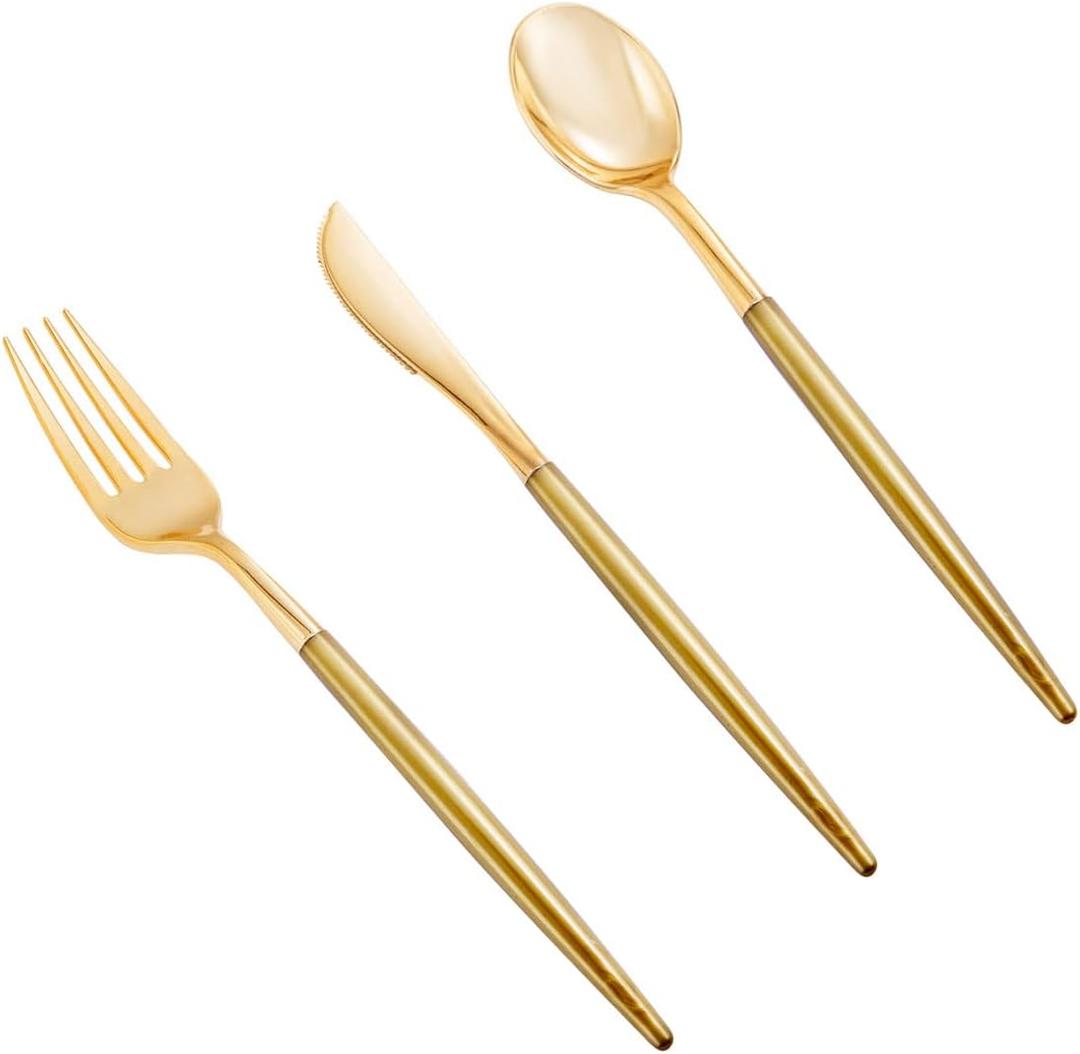 Supernal 102pcs Plastic Silverware, Disposable Flatware with Dark Gold Handle, 34 Forks, 34 Knives, 34 Spoons, Perfect for Parties, Weddings