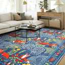Cute Woodland Forest Bedroom Rug Colorful Indigo Blue Indoor 5x7 Area Rug Light Weight Washable, Modern Abstract Botanical Floral Whimsical Kids Rug Carpet for Nursery Living Room Entryway Kitchen