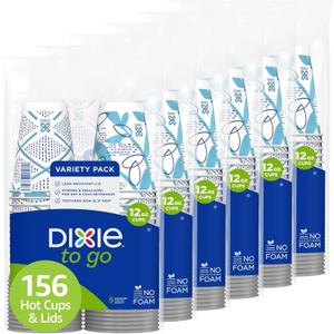 Dixie To Go Paper Coffee Cups With Lids, 12 oz, 156 Count (6 packs of 26 cups), Disposable Insulated Paper Cups for On-The-Go Hot or Cold Beverages